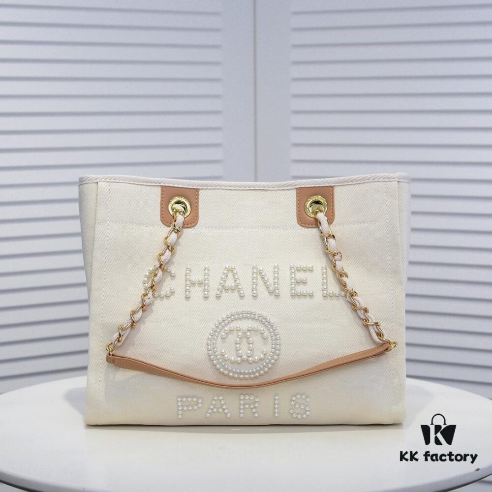 Chanel Tote Bag - Spring Summer Striped Canvas Beach Shopping Bag with Chain Detail