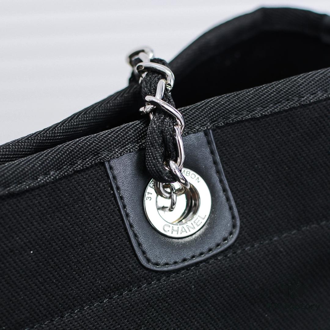 Chanel Tote Bag - Spring Summer Striped Canvas Beach Shopping Bag with Chain Detail