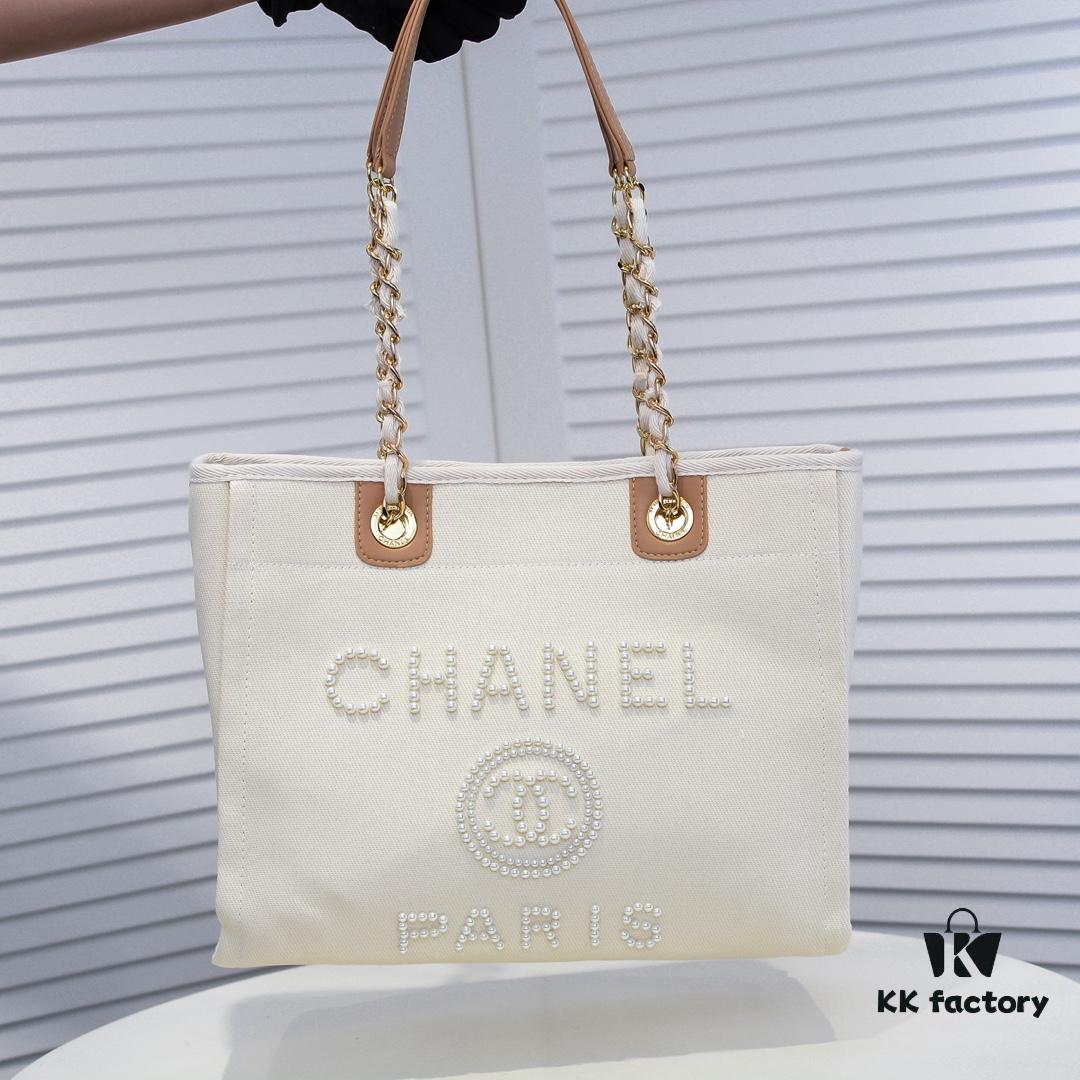 Chanel Tote Bag - Spring Summer Striped Canvas Beach Shopping Bag with Chain Detail