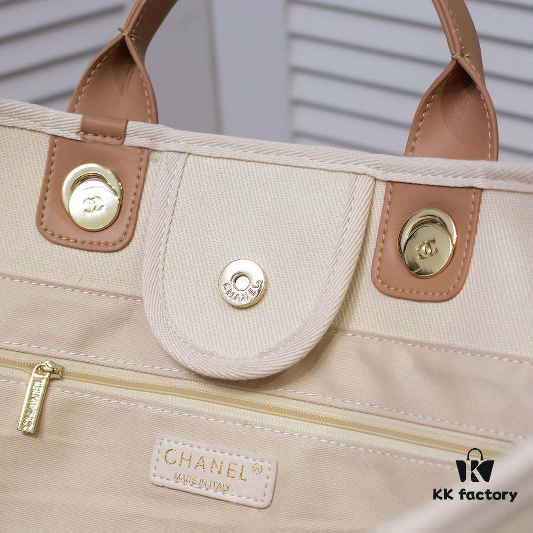 Chanel Tote Bag - Striped Canvas Beach Shopping Bag with Chain, Resort Style for Spring and Summer