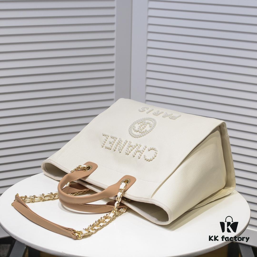 Chanel Tote Bag - Striped Canvas Beach Shopping Bag with Chain, Resort Style for Spring and Summer