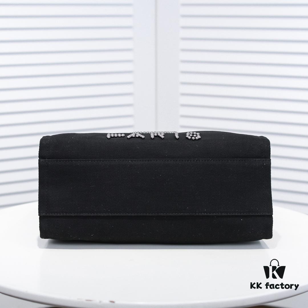 Chanel Tote Bag - Spring Summer Striped Canvas Beach Shopping Bag with Chain Detail