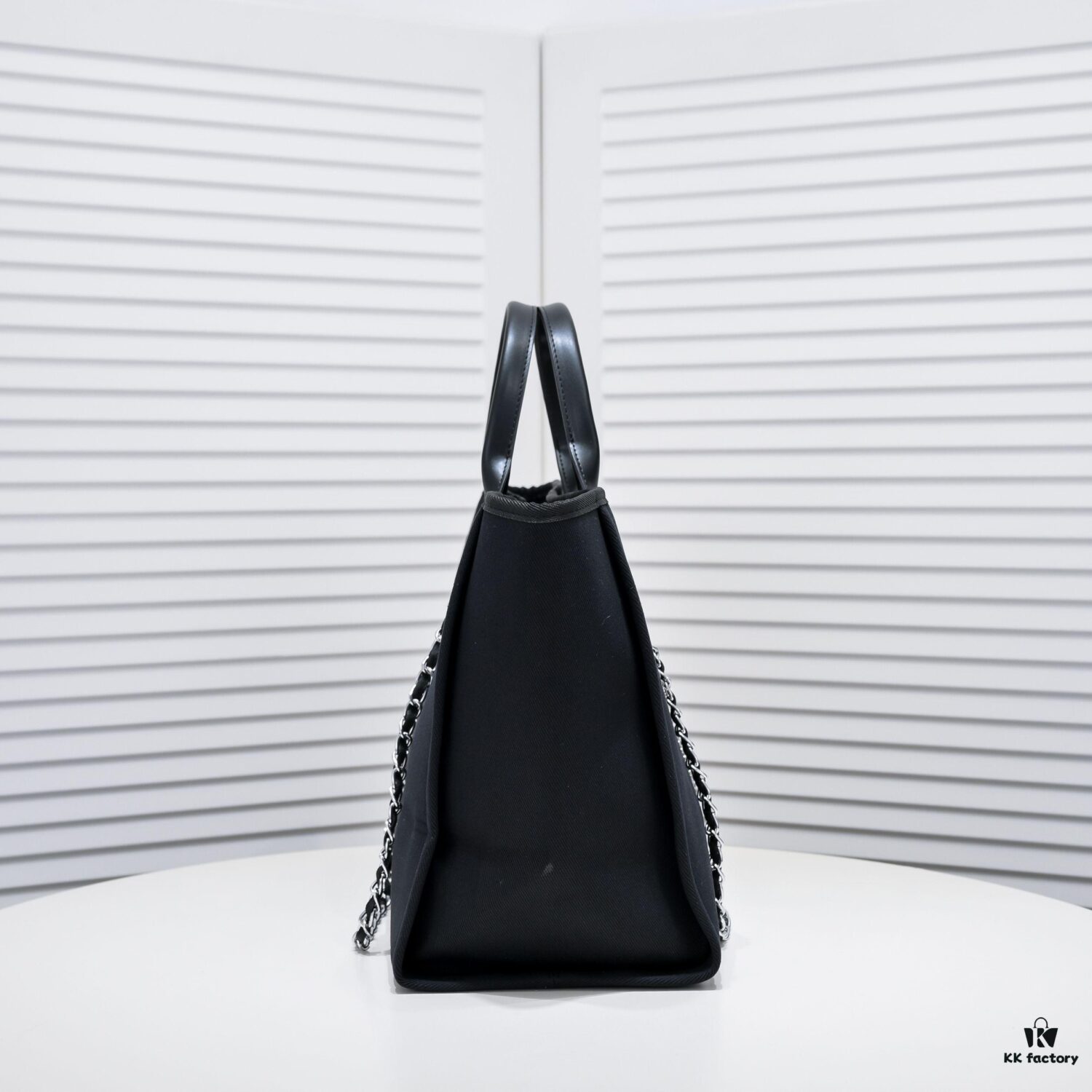 Chanel Tote Bag, Chain-Trimmed Canvas Beach Shopping Bag, Striped Design, Spring and Summer Vacation Style