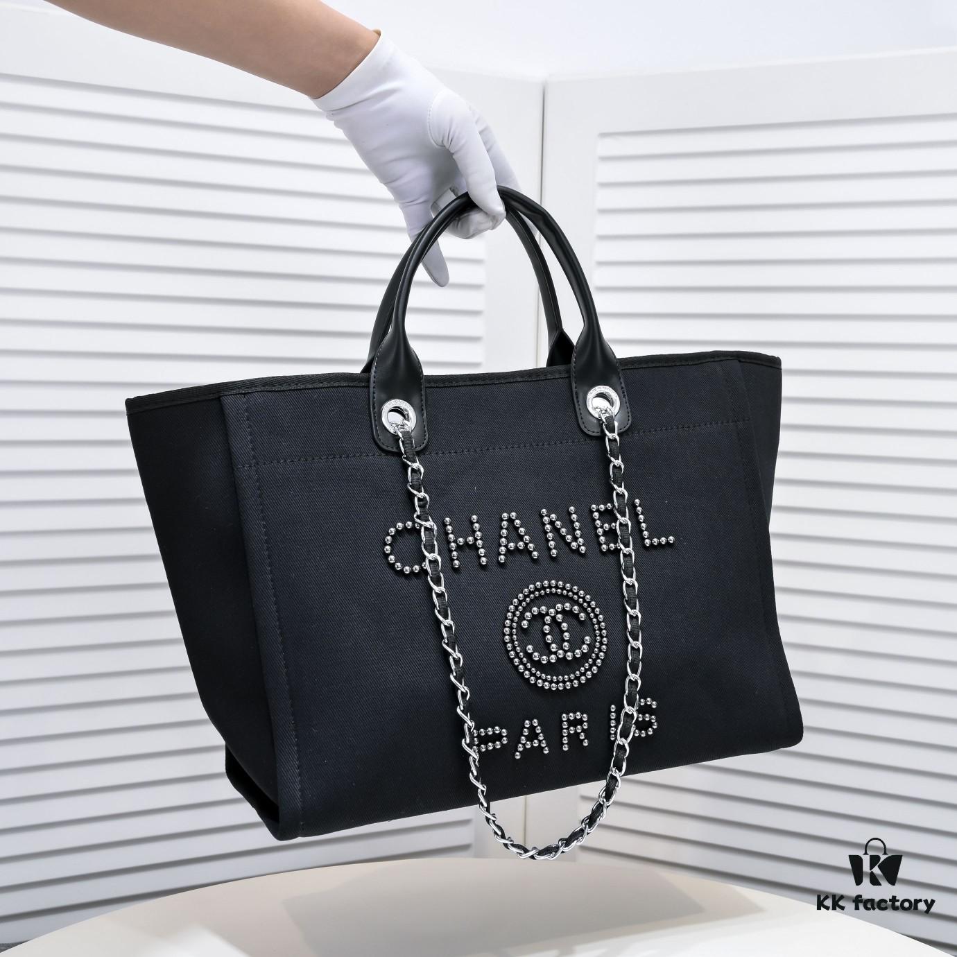 Chanel Tote Bag, Chain-Trimmed Canvas Beach Shopping Bag, Striped Design, Spring and Summer Vacation Style
