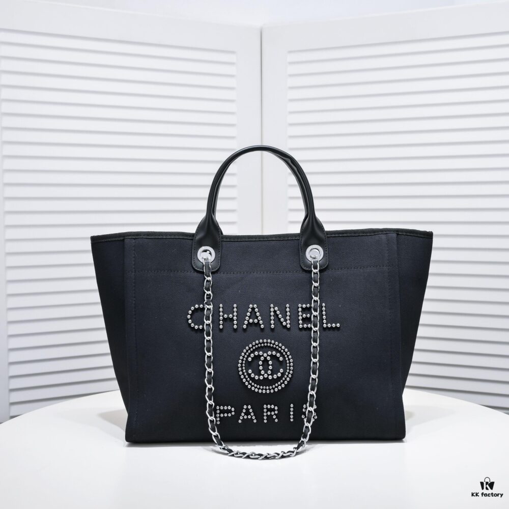 Chanel Tote Bag, Chain-Trimmed Canvas Beach Shopping Bag, Striped Design, Spring and Summer Vacation Style