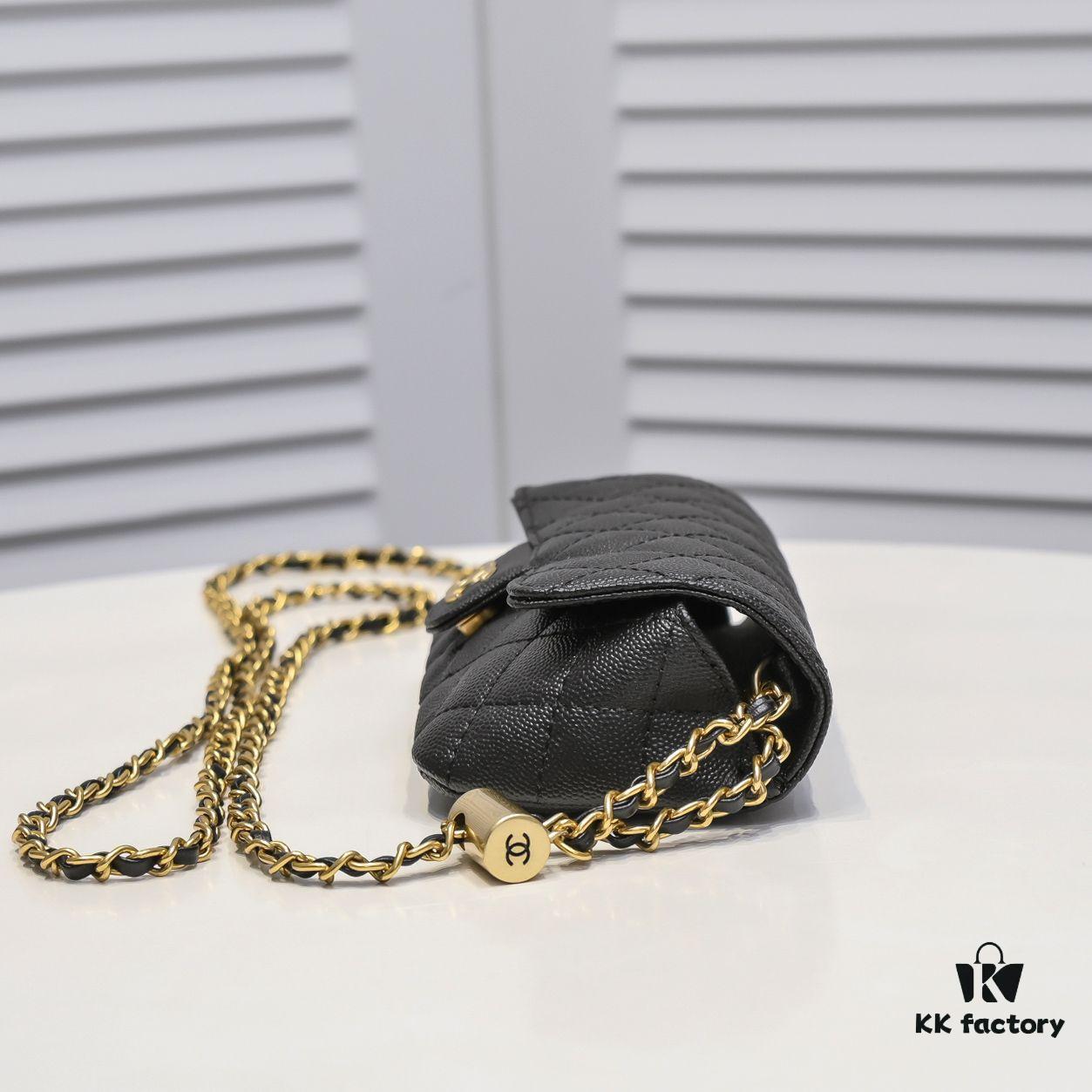 Cowhide Quilted Chanel Sunglasses Case with Ice Cream Side Design, Adjustable Strap, Light Gold Metal Trim