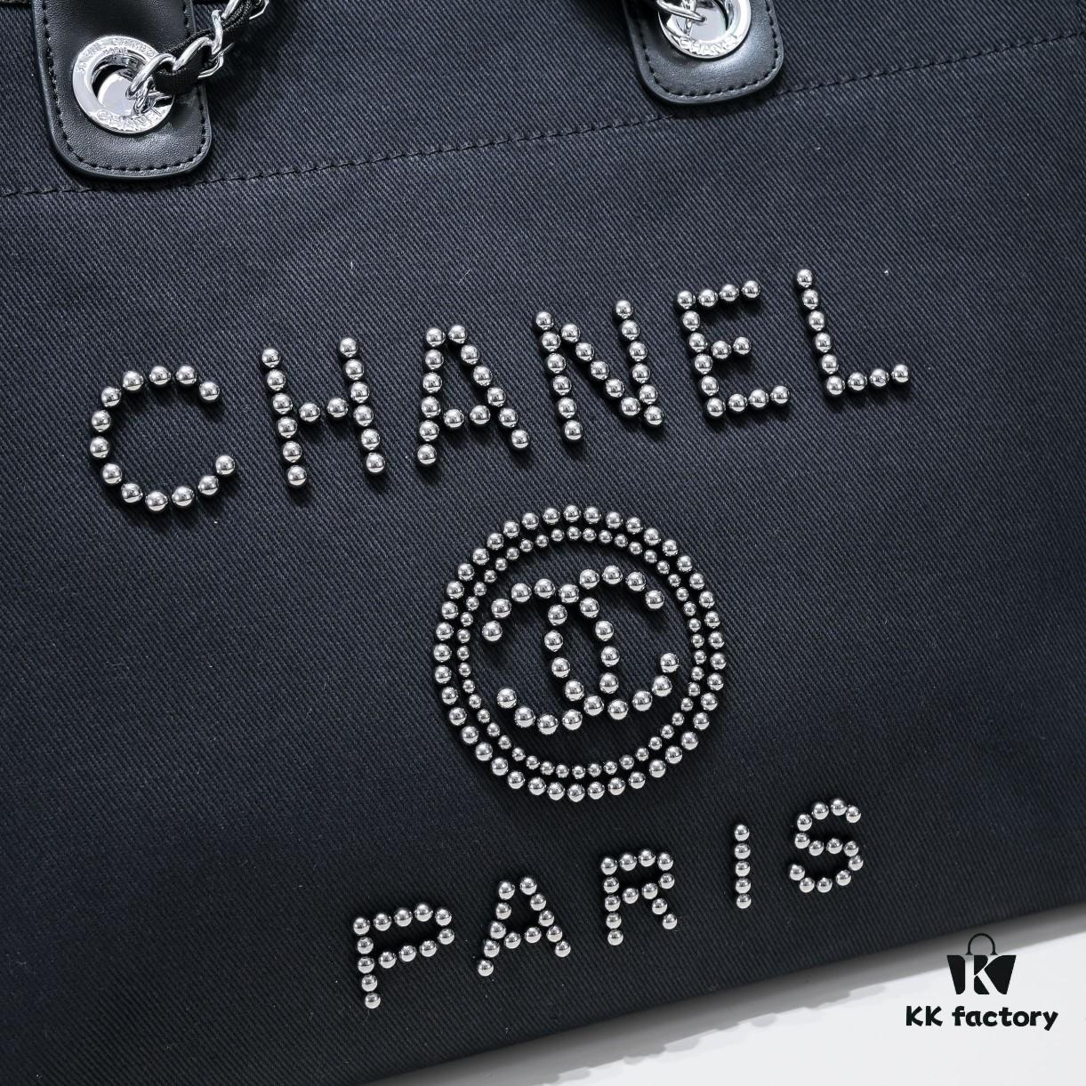 Chanel Tote Bag, Chain-Trimmed Canvas Beach Shopping Bag, Striped Design, Spring and Summer Vacation Style