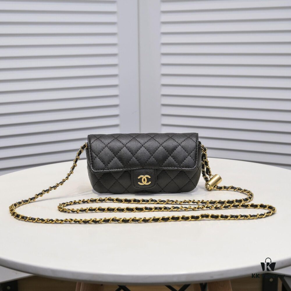 Cowhide Quilted Chanel Sunglasses Case with Ice Cream Side Design, Adjustable Strap, Light Gold Metal Trim