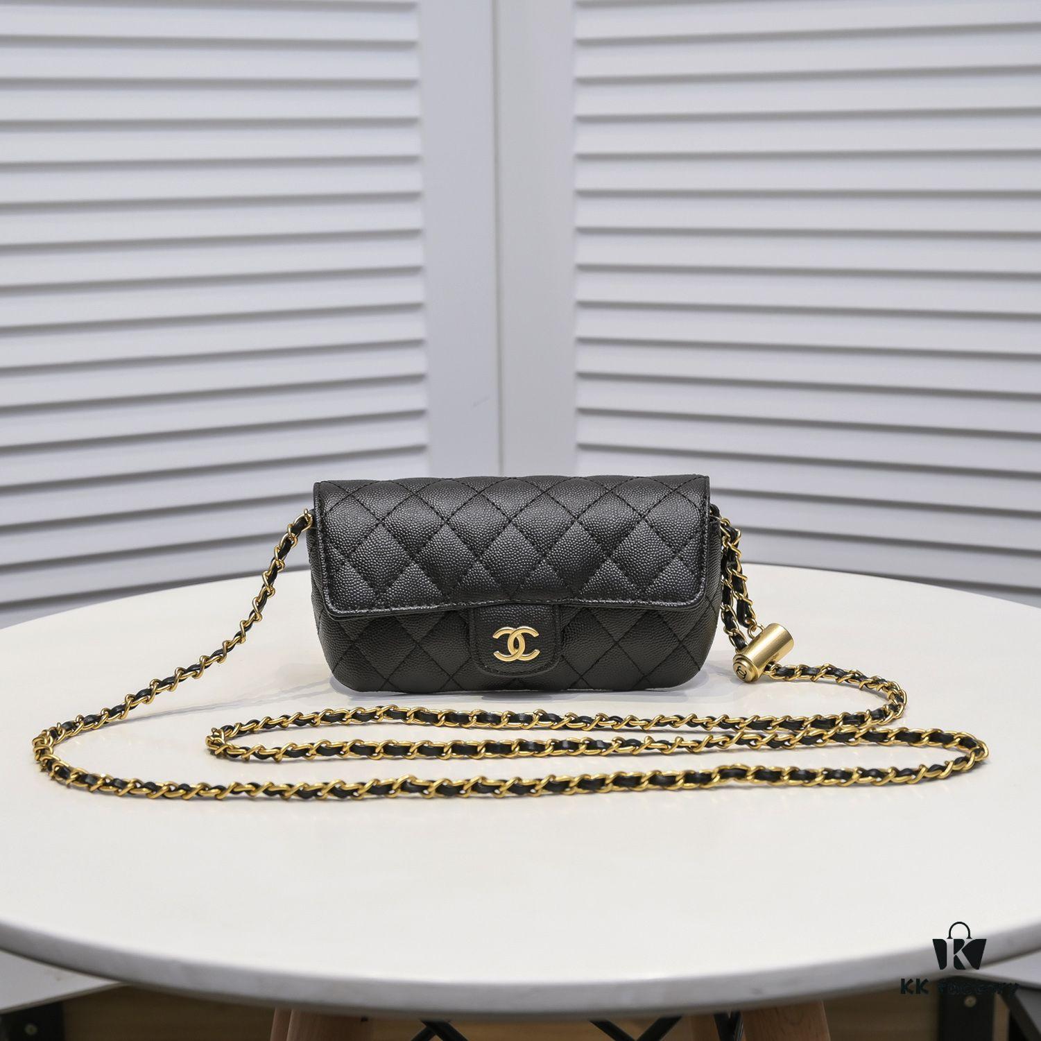 Cowhide Quilted Chanel Sunglasses Case with Ice Cream Side Design, Adjustable Strap, Light Gold Metal Trim