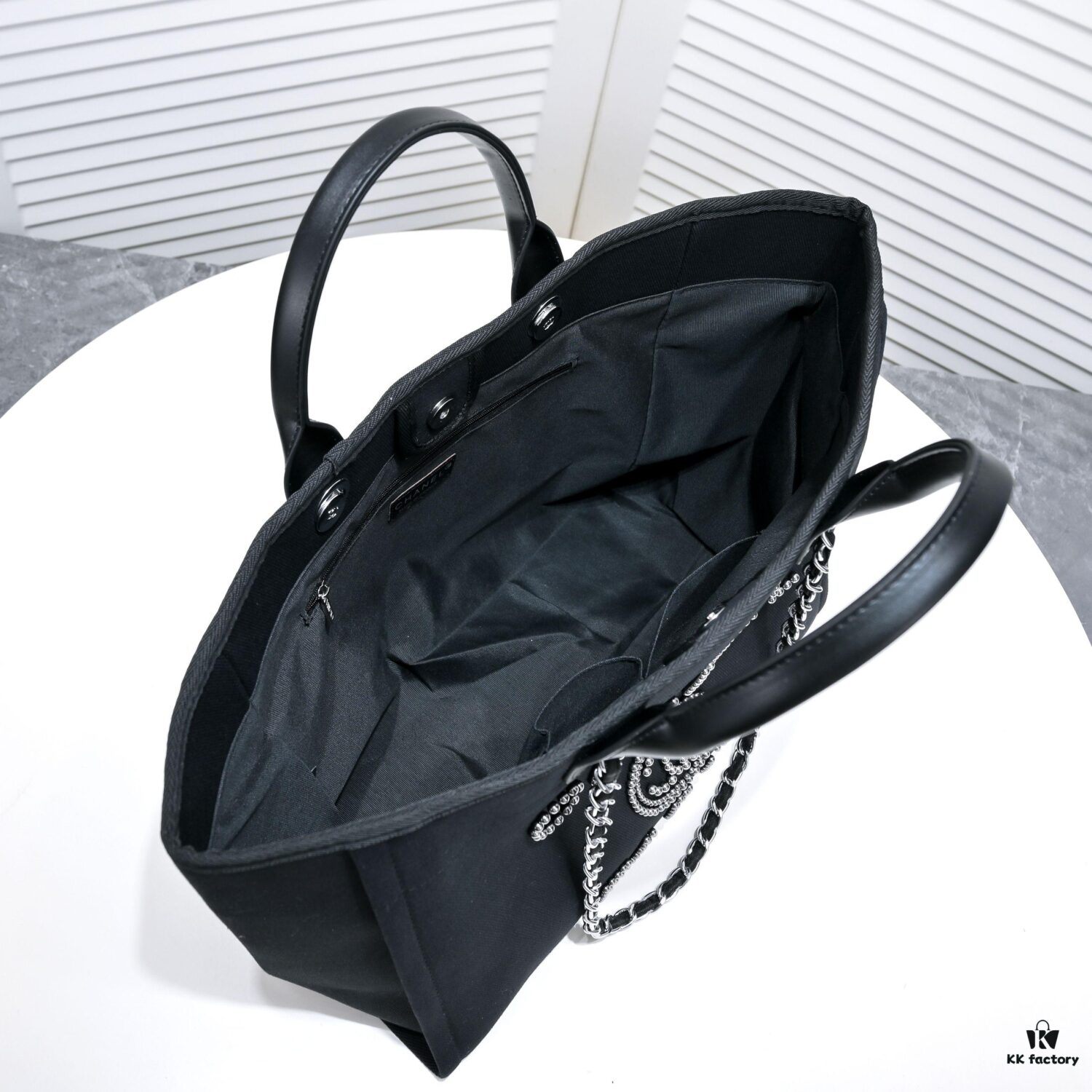 Chanel Tote Bag, Chain-Trimmed Canvas Beach Shopping Bag, Striped Design, Spring and Summer Vacation Style