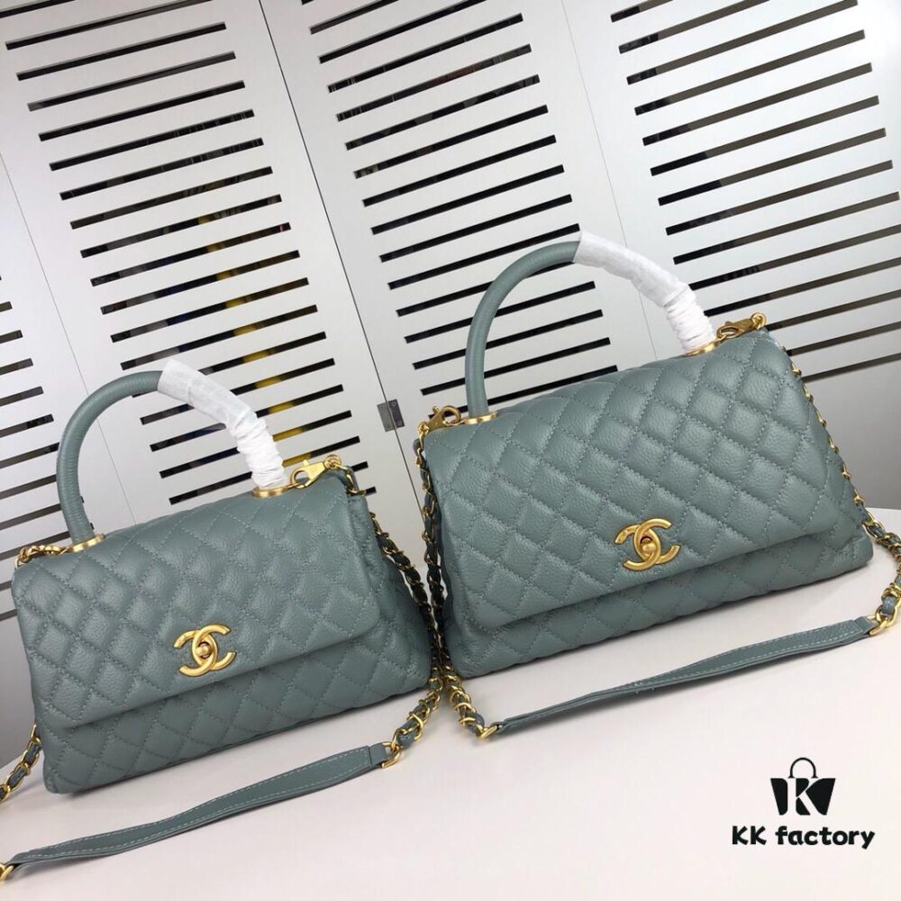 Large Misty Blue Chanel-Style Flap Bag with Unique Design, Dual Carry Tote and Shoulder Option
