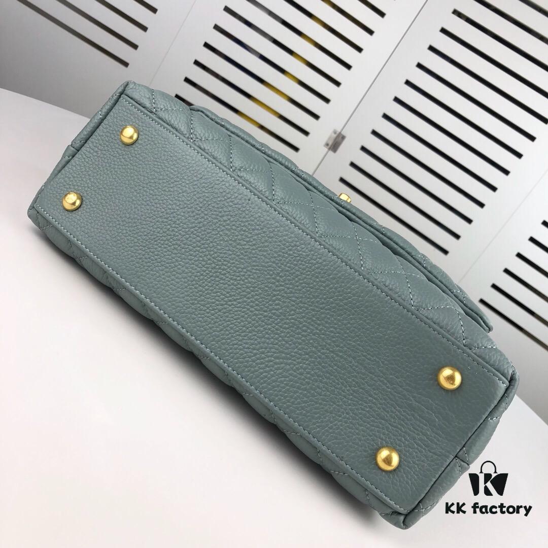 Large Misty Blue Chanel-Style Flap Bag with Unique Design, Dual Carry Tote and Shoulder Option