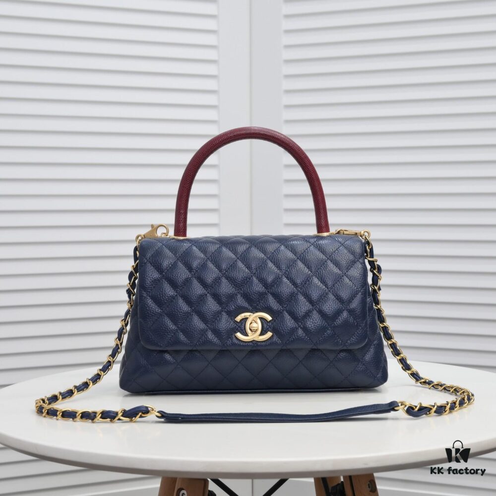 Deep Blue with Red Accents Chanel-Style Flap Bag, Unique Design, Dual Shoulder and Handheld Wear, Imported Top Layer Cowhide, Lychee Texture, Upgraded Full Imported Gold-Tone Hardware, Master Craftsmanship