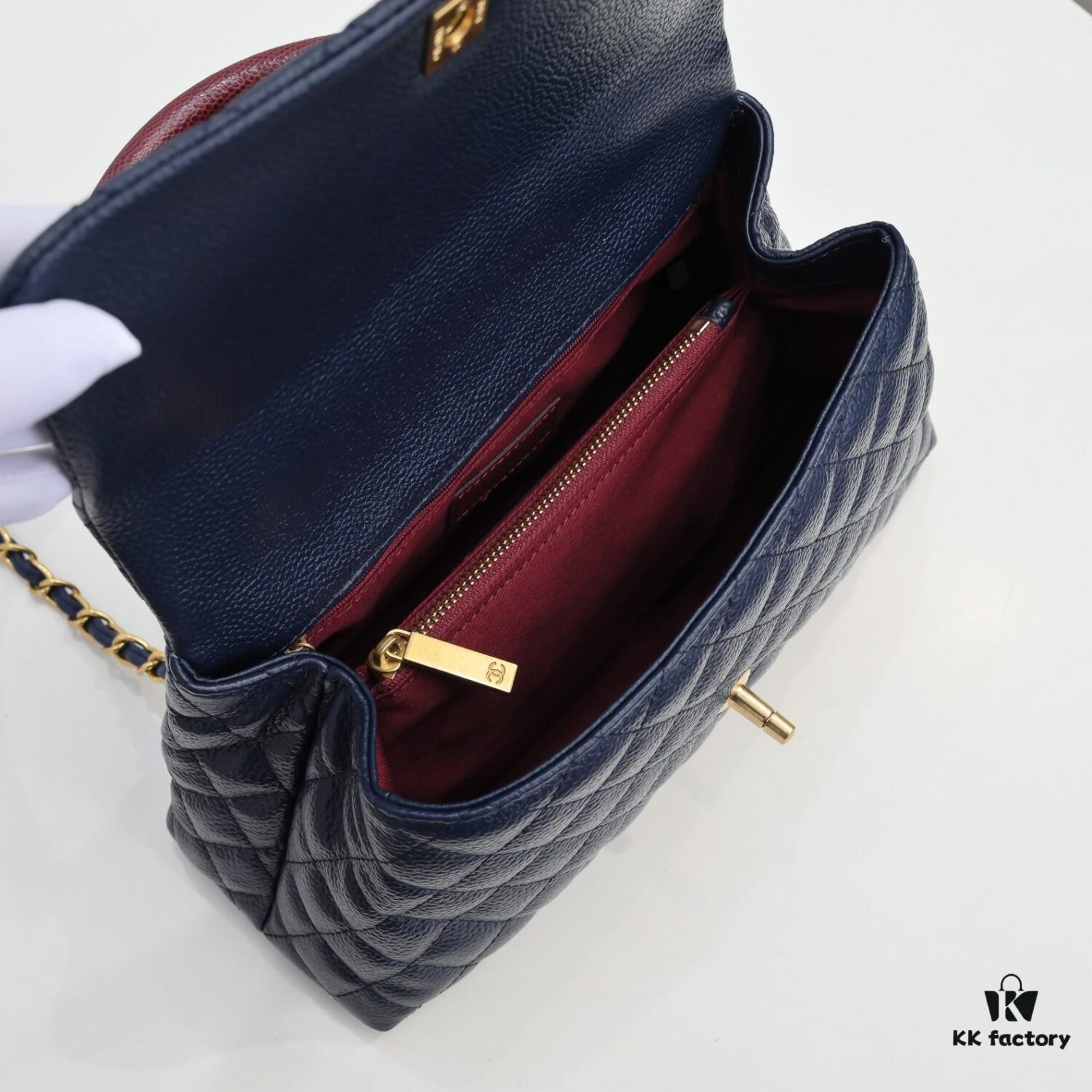 Deep Blue with Red Accents Chanel-Style Flap Bag, Unique Design, Dual Shoulder and Handheld Wear, Imported Top Layer Cowhide, Lychee Texture, Upgraded Full Imported Gold-Tone Hardware, Master Craftsmanship