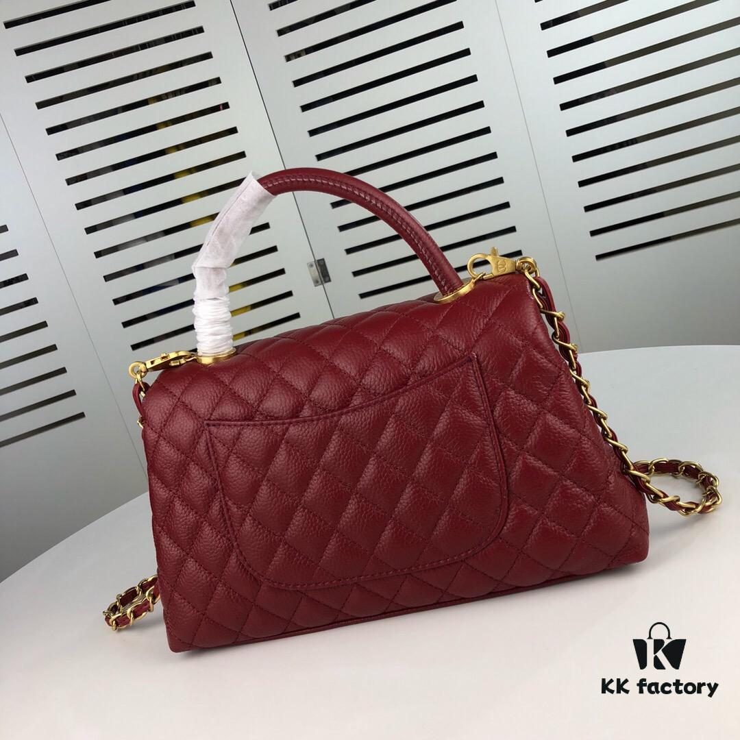 Medium Burgundy Chanel-Style Flap Bag with Unique Design, Dual Carry Tote or Shoulder, Imported Full-Grain Calfskin, Lychee Texture, Upgraded Gold-Tone Hardware, Handcrafted by Master Artisans