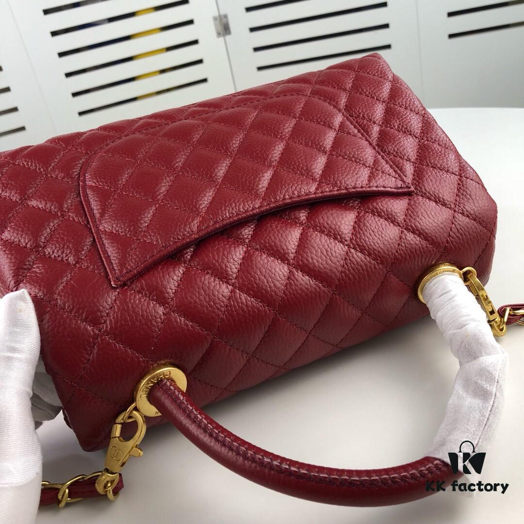 Medium Burgundy Chanel-Style Flap Bag with Unique Design, Dual Carry Tote or Shoulder, Imported Full-Grain Calfskin, Lychee Texture, Upgraded Gold-Tone Hardware, Handcrafted by Master Artisans
