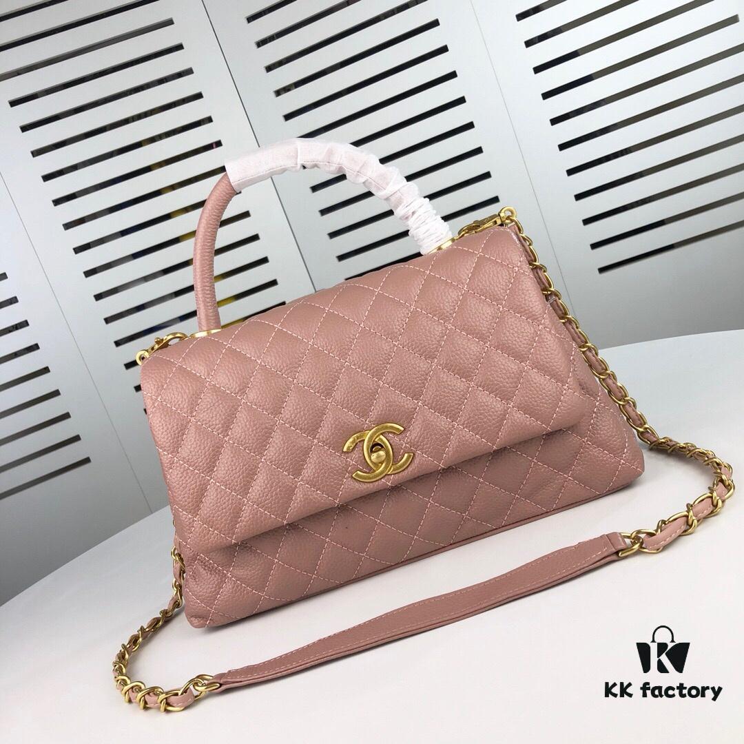 Medium Pink Chanel Flap Bag with Unique Design, Dual Carry Style (Shoulder & Top Handle)