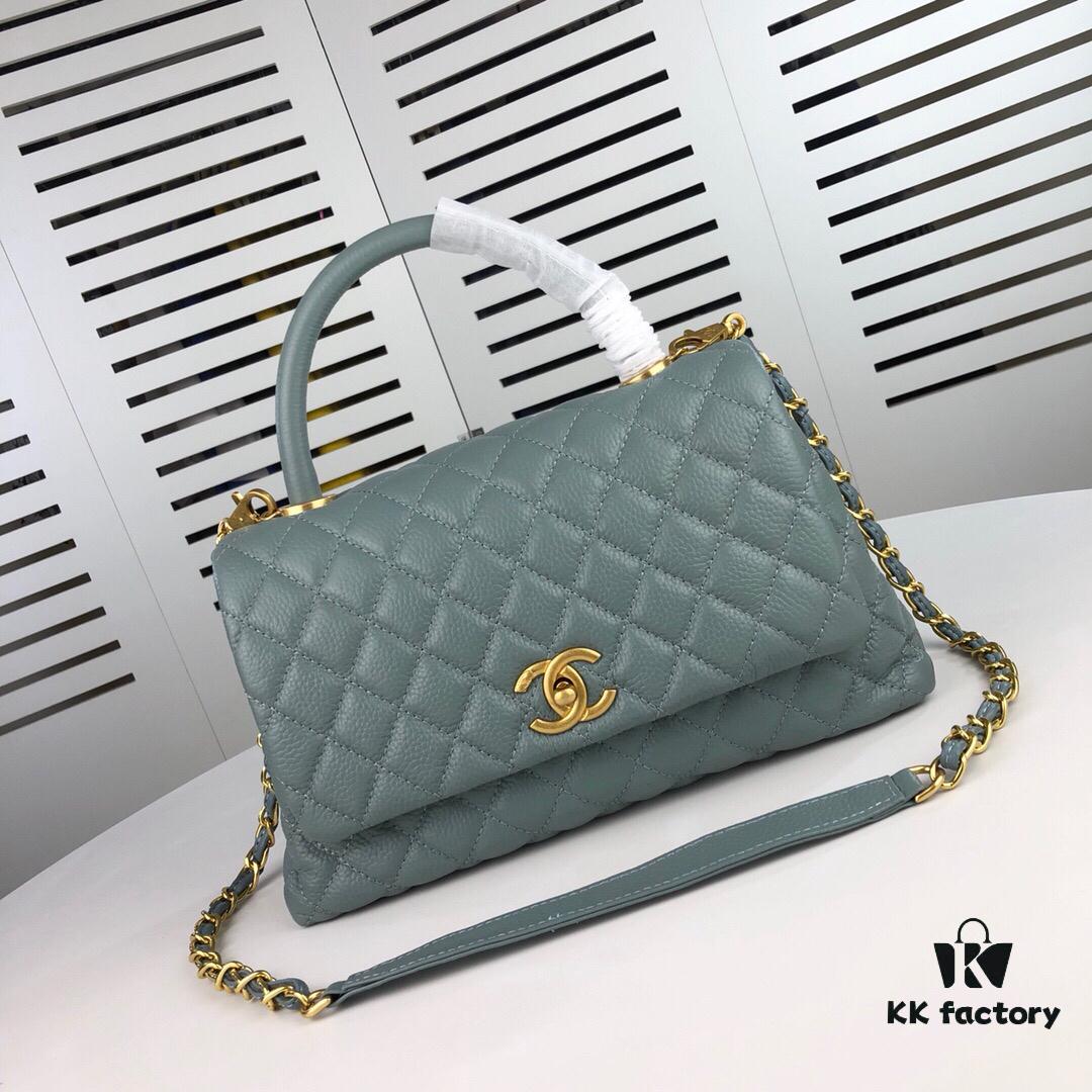 Medium Haze Blue Chanel Bag 💥 Unique Design Flap Shoulder & Top Handle Handbag, Premium Imported Full-Grain Calfskin, Lychee Texture, Upgraded Gold-Tone Hardware, Handcrafted by Master Artisans