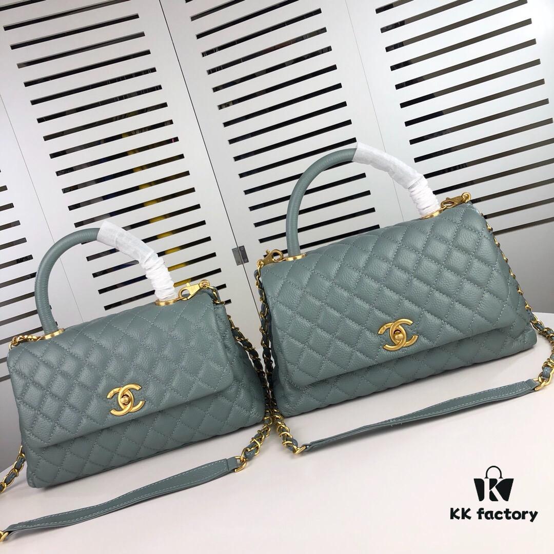 Medium Haze Blue Chanel Bag 💥 Unique Design Flap Shoulder & Top Handle Handbag, Premium Imported Full-Grain Calfskin, Lychee Texture, Upgraded Gold-Tone Hardware, Handcrafted by Master Artisans