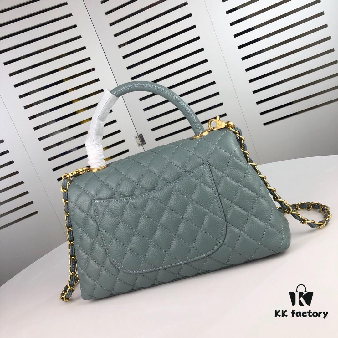 Medium Haze Blue Chanel Bag 💥 Unique Design Flap Shoulder & Top Handle Handbag, Premium Imported Full-Grain Calfskin, Lychee Texture, Upgraded Gold-Tone Hardware, Handcrafted by Master Artisans
