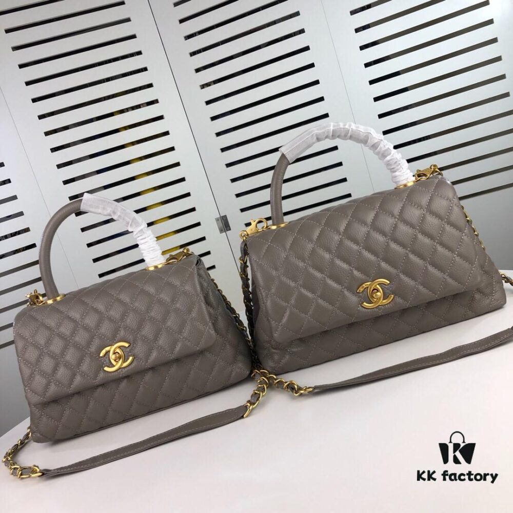 Medium Gray Chanel Flap Bag with Unique Design, Dual Shoulder and Top Handle Carry, Made from Imported Full-Grain Calfskin with Lychee Texture, Premium Gold-Tone Hardware