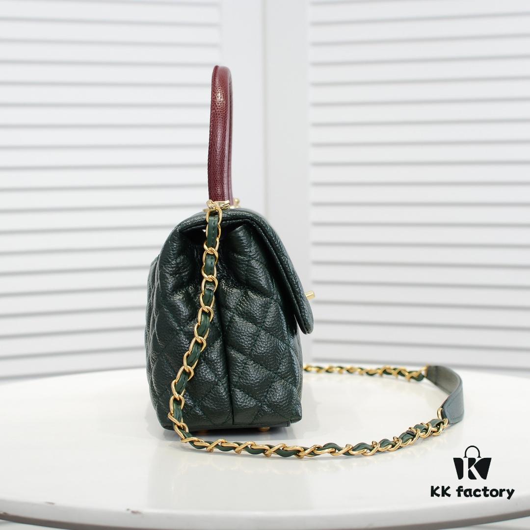 Emerald Green and Red Chanel-Style Shoulder Bag with Unique Clasp Design – Dual Carry Tote & Crossbody, Exotic Texture with Luxe Gold Hardware
