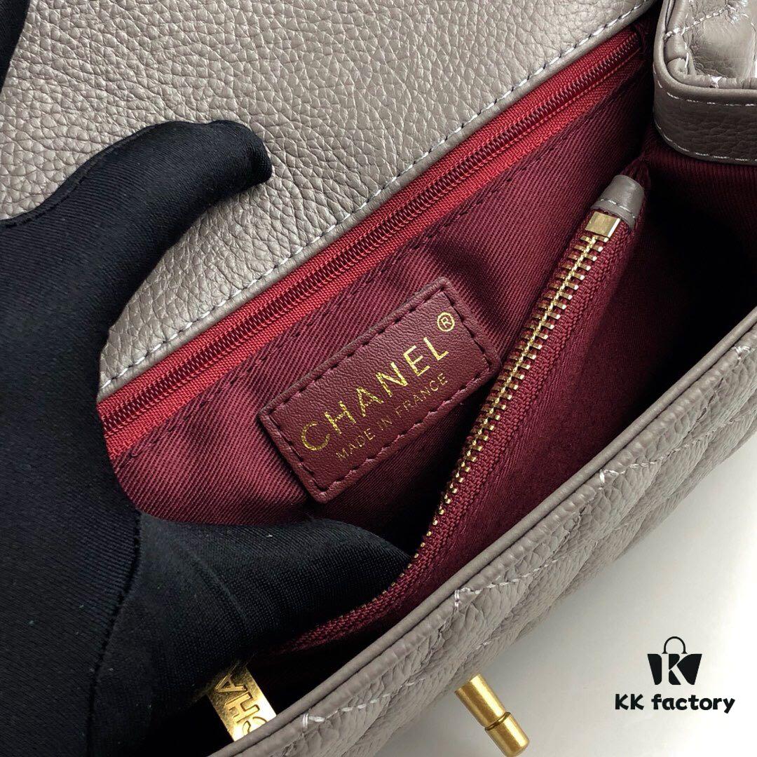 Medium Gray Chanel Flap Bag with Unique Design, Dual Shoulder and Top Handle Carry, Made from Imported Full-Grain Calfskin with Lychee Texture, Premium Gold-Tone Hardware