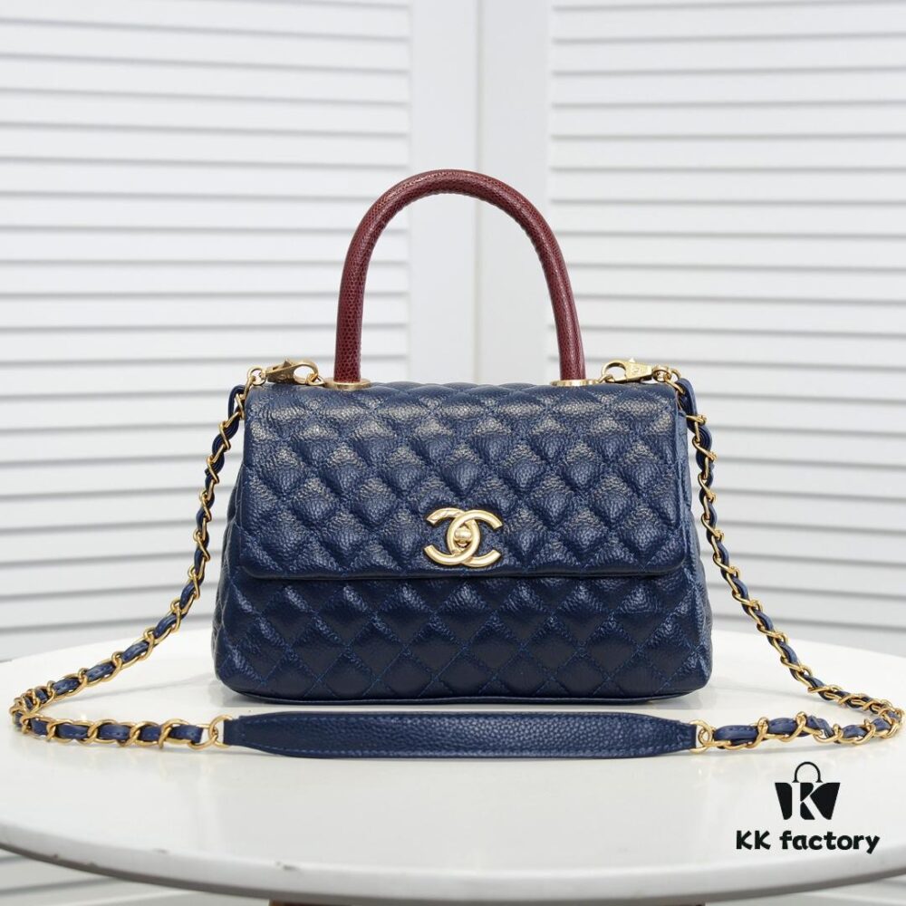 Deep Blue with Red Accents Chanel-Style Flap Bag - Unique Design, Dual Shoulder and Handheld Use