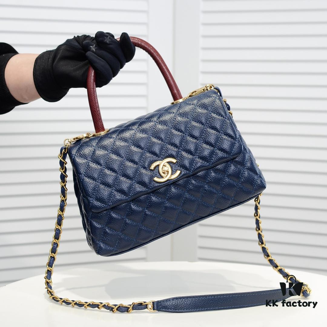 Deep Blue with Red Accents Chanel-Style Flap Bag - Unique Design, Dual Shoulder and Handheld Use