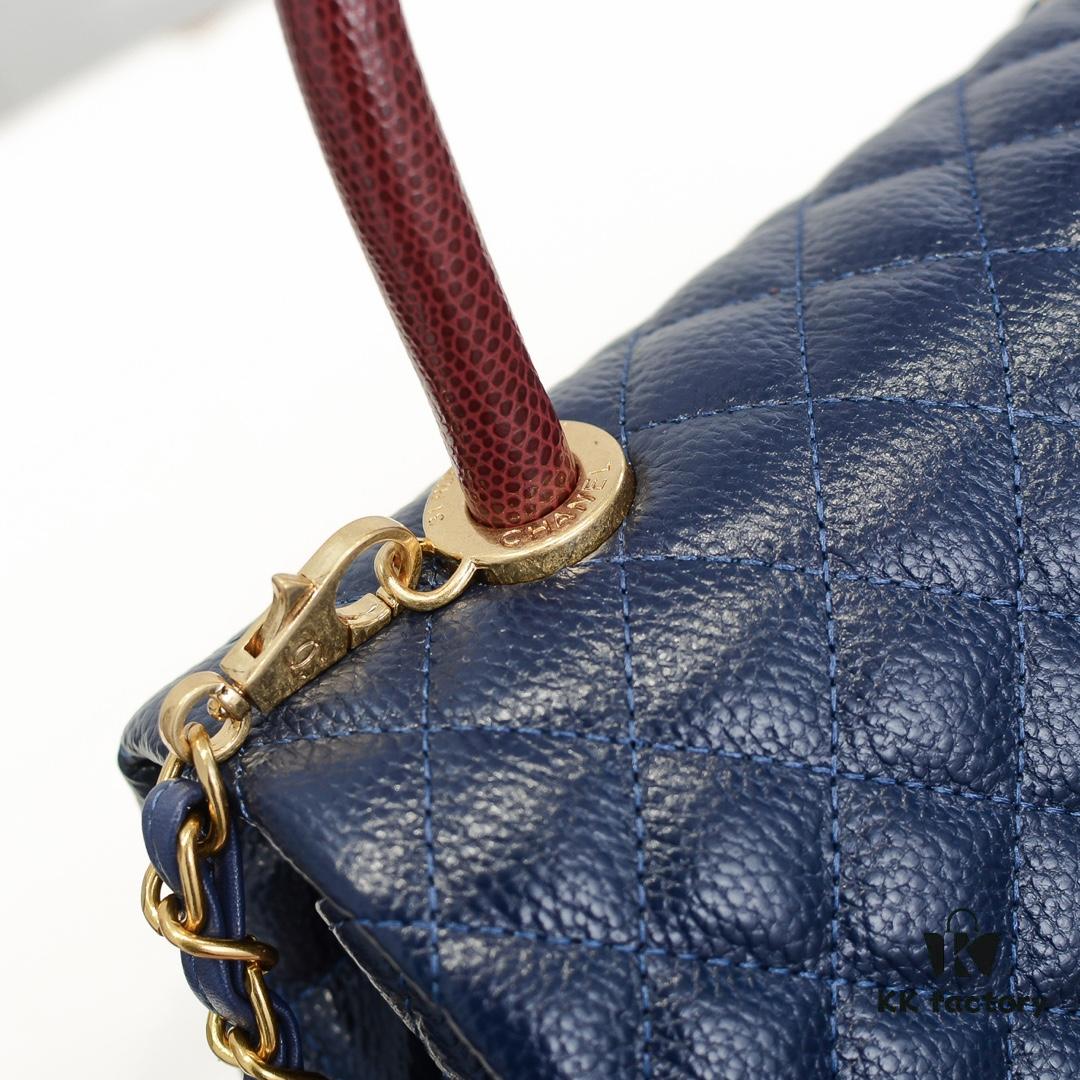 Deep Blue with Red Accents Chanel-Style Flap Bag - Unique Design, Dual Shoulder and Handheld Use