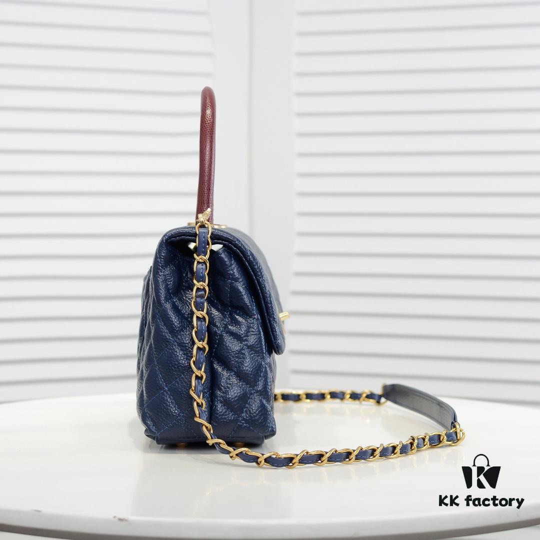 Deep Blue with Red Accents Chanel-Style Flap Bag - Unique Design, Dual Shoulder and Handheld Use