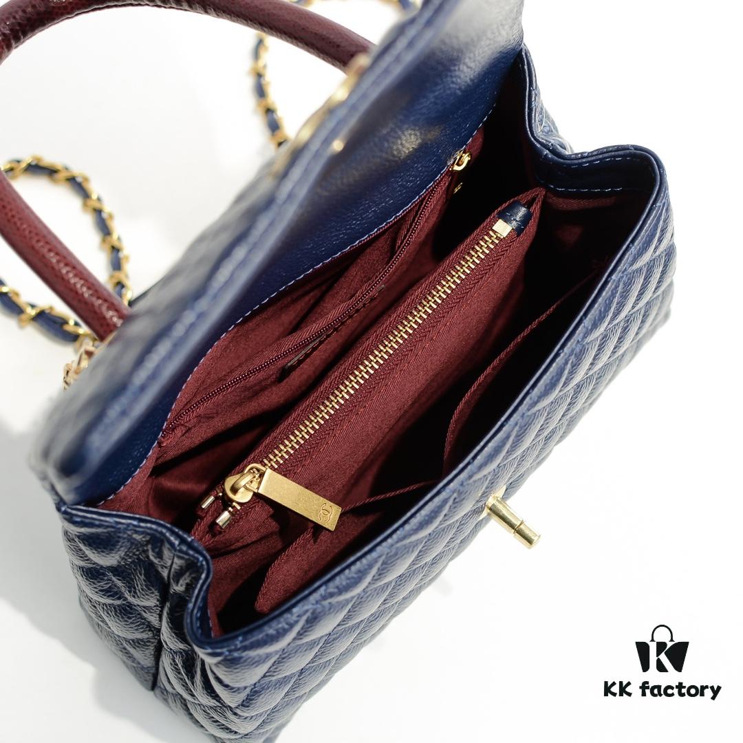 Deep Blue with Red Accents Chanel-Style Flap Bag - Unique Design, Dual Shoulder and Handheld Use
