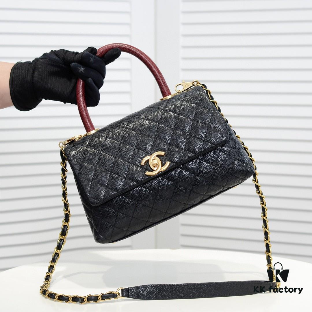 Chanel Unique Design Flap Bag with Shoulder and Top Handle, Dual Carry Style, Premium Imported Full-Grain Calfskin, Quilted Texture, Upgraded Luxury Gold-Tone Hardware, Handcrafted by Master Artisans