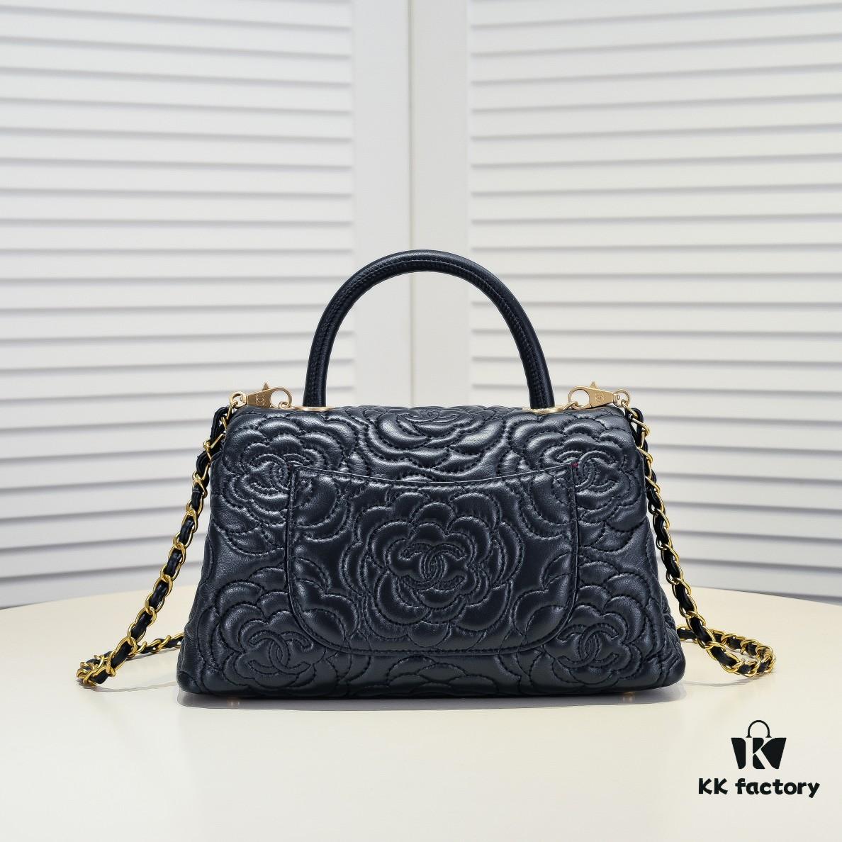 Chanel Unique Design Flap Bag with Chain Strap, Dual Carry (Shoulder & Handheld), Camellia Pattern, Premium Imported Lamb Leather, Upgraded Full Gold-Plated Hardware