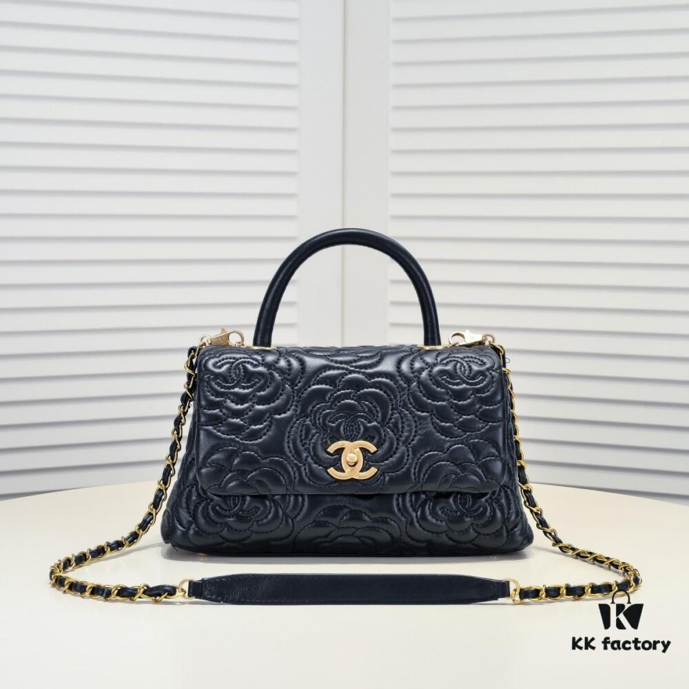 Chanel Unique Design Flap Bag with Chain Strap, Dual Carry (Shoulder & Handheld), Camellia Pattern, Premium Imported Lamb Leather, Upgraded Full Gold-Plated Hardware