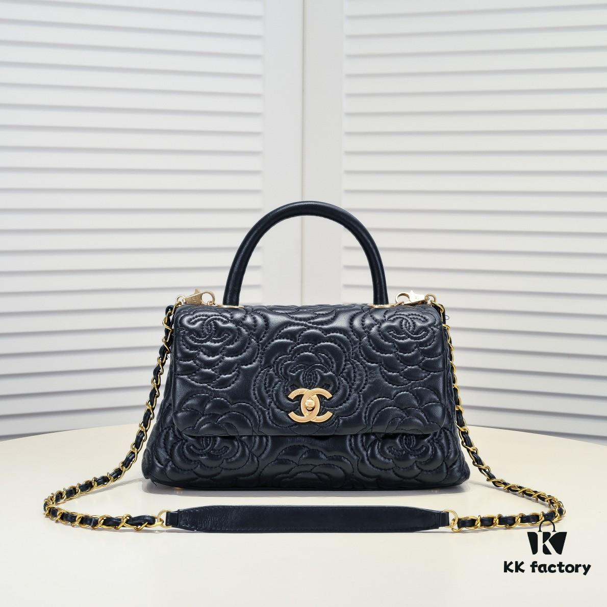 Chanel Unique Design Flap Bag with Chain Strap, Dual Carry (Shoulder & Handheld), Camellia Pattern, Premium Imported Lamb Leather, Upgraded Full Gold-Plated Hardware