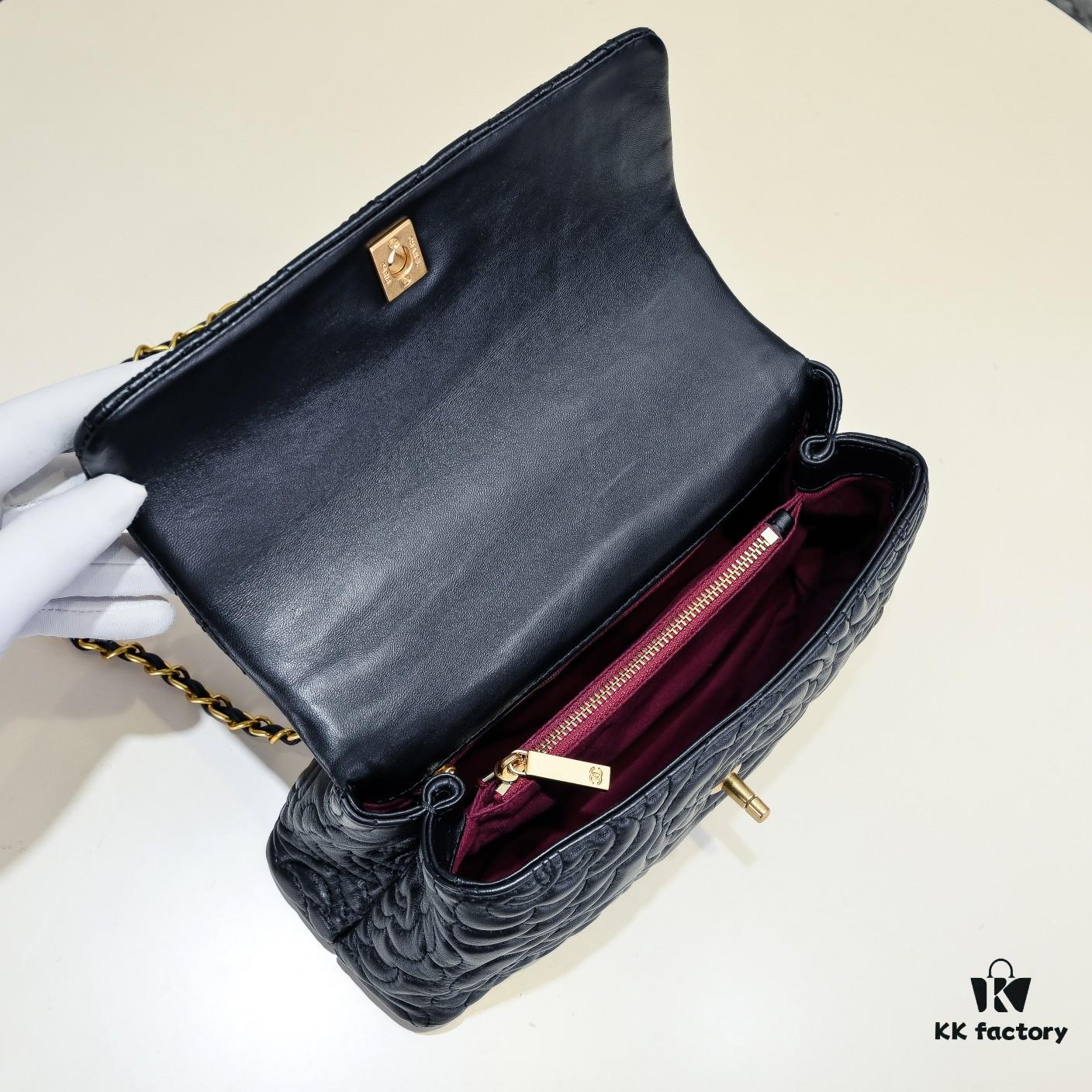 Chanel Unique Design Flap Bag with Chain Strap, Dual Carry (Shoulder & Handheld), Camellia Pattern, Premium Imported Lamb Leather, Upgraded Full Gold-Plated Hardware