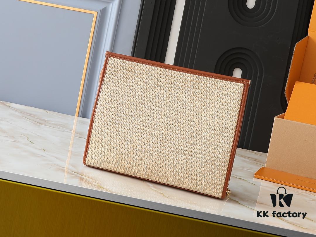 Upgraded Original M81366 Black and Caramel Chain Wash Bag Made from Natural Raffia with Black Leather Trim and Circle Logo