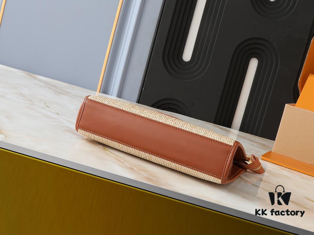 Upgraded Original M81366 Black and Caramel Chain Wash Bag Made from Natural Raffia with Black Leather Trim and Circle Logo