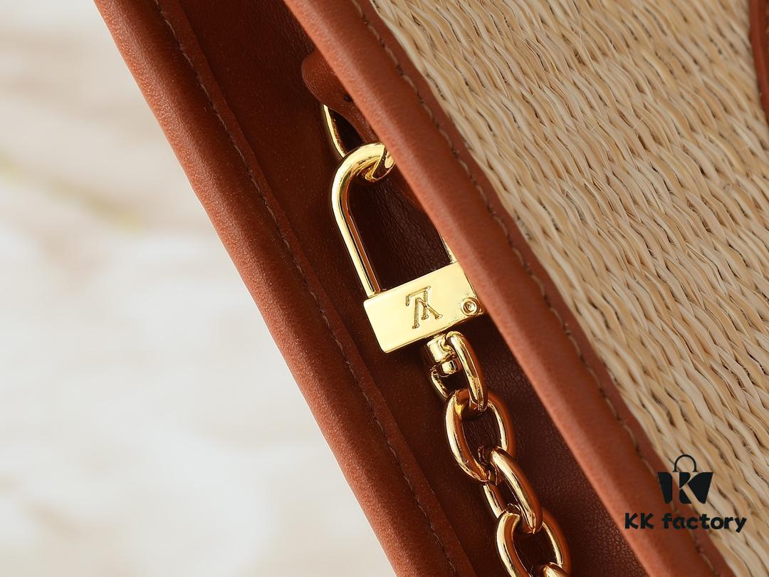 Upgraded Original M81366 Black and Caramel Chain Wash Bag Made from Natural Raffia with Black Leather Trim and Circle Logo