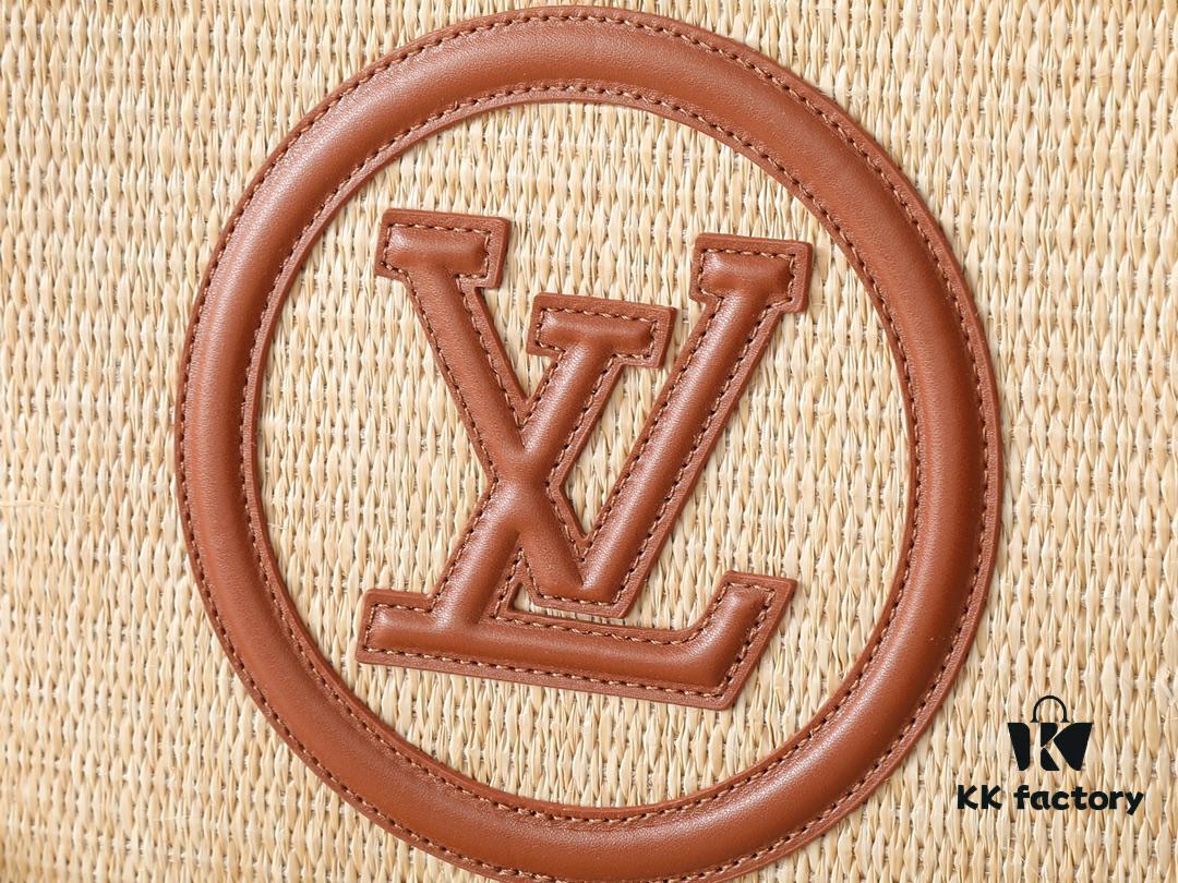 Upgraded Original M81366 Black and Caramel Chain Wash Bag Made from Natural Raffia with Black Leather Trim and Circle Logo