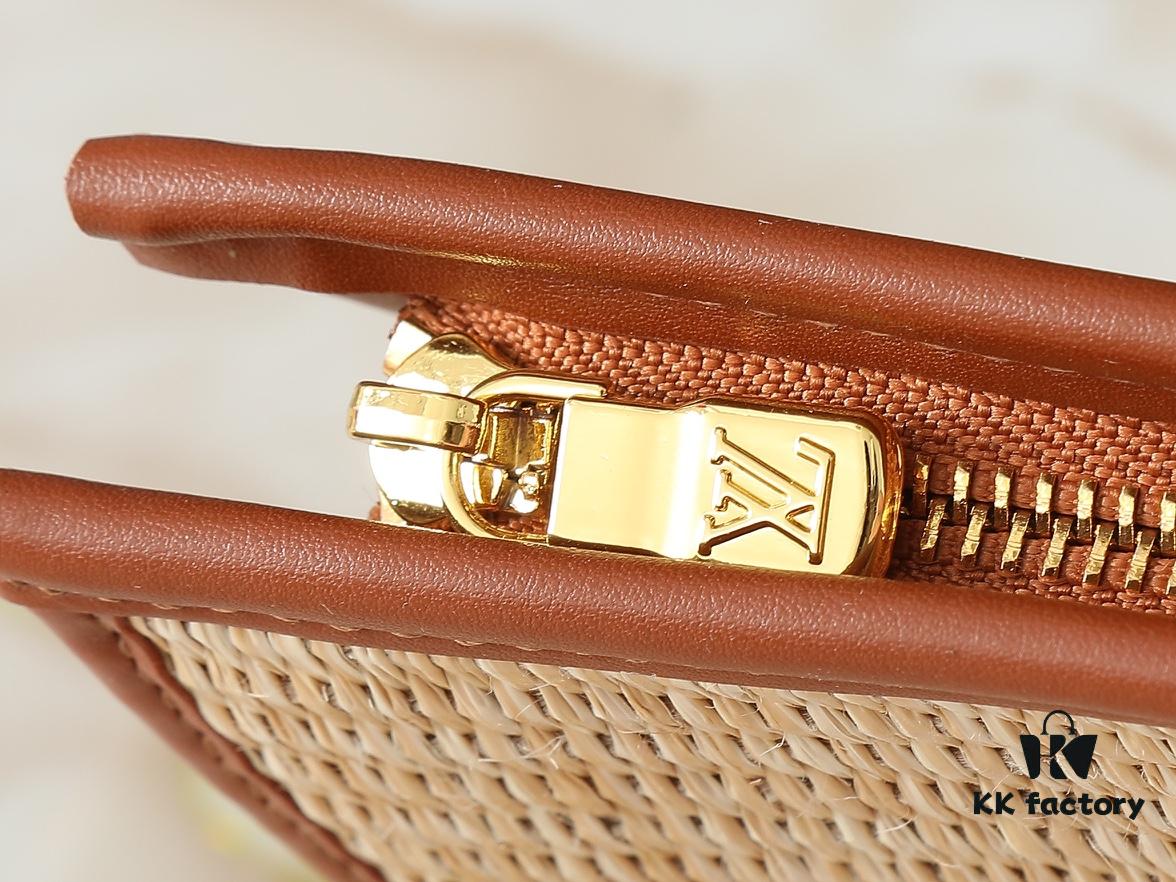 Upgraded Original M81366 Black and Caramel Chain Wash Bag Made from Natural Raffia with Black Leather Trim and Circle Logo