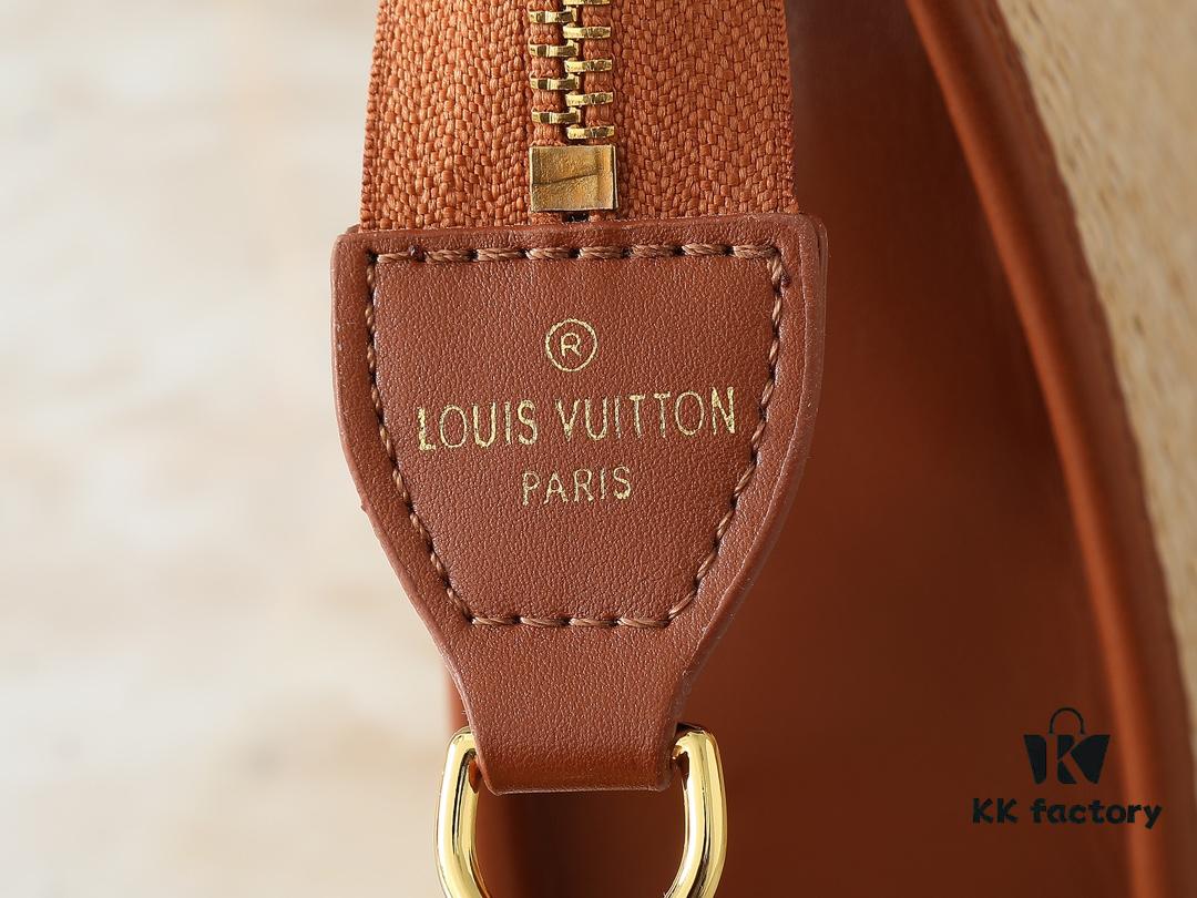 Upgraded Original M81366 Black and Caramel Chain Wash Bag Made from Natural Raffia with Black Leather Trim and Circle Logo