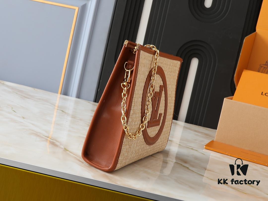 Upgraded Original M81366 Black and Caramel Chain Wash Bag Made from Natural Raffia with Black Leather Trim and Circle Logo