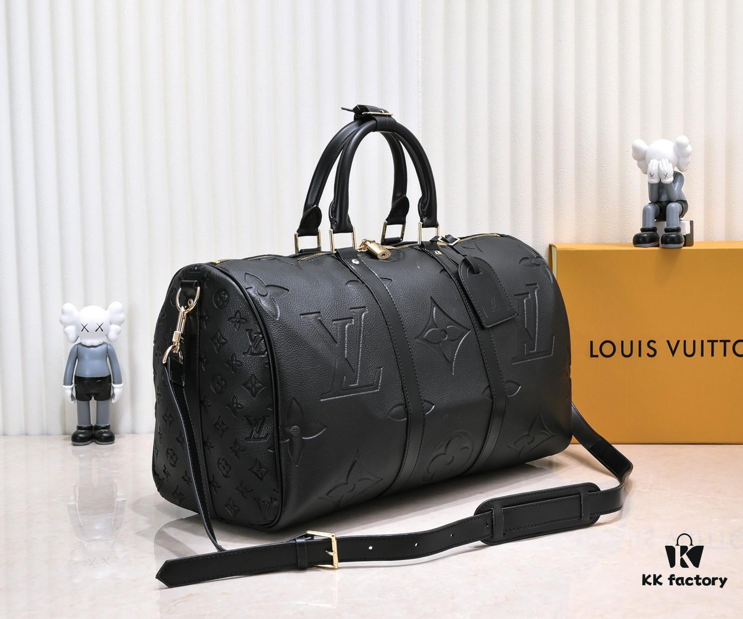 N44810 45532 Upgraded Version 45cm Imported Full-Grain Leather Black Embossed Large Flower Travel Bag N41416 45532