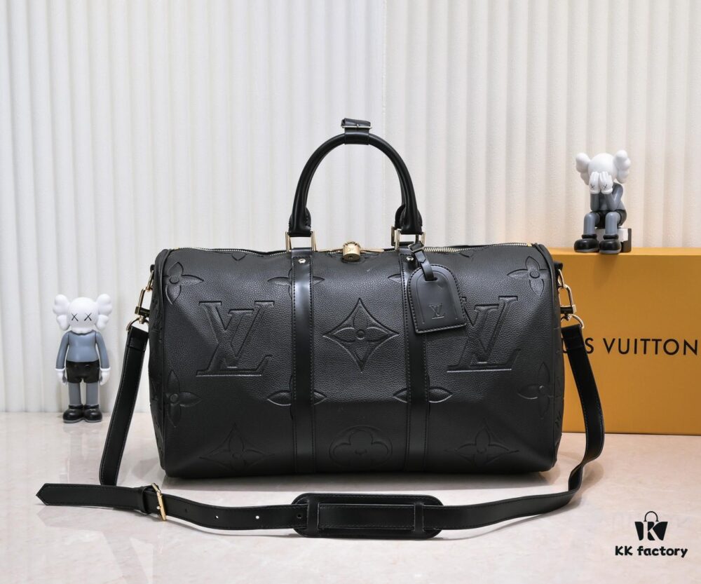 N44810 45532 Upgraded Version 45cm Imported Full-Grain Leather Black Embossed Large Flower Travel Bag N41416 45532