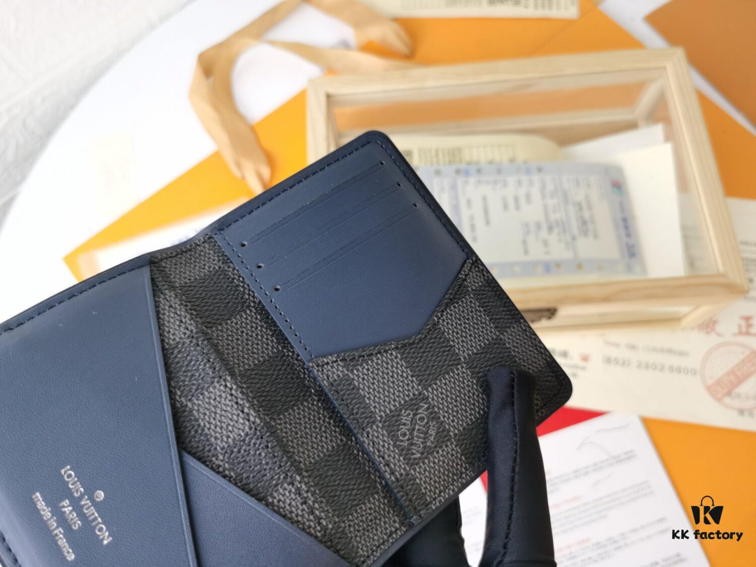 Top-Grade Original 💎 [Real Photo, Personal Background] N63144 Black Grid with Deep Blue, LV Stripe Patterned Epi Leather & Damier Graphite Canvas Pocket Wallet