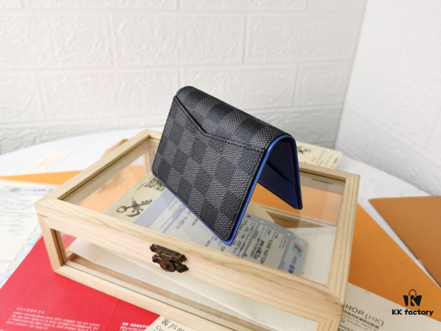 Top Quality Original 💎 [Real Photo, Personal Background] N63144 Black Grid with Blue - Stylish Pocket Wallet Combining Damier Graphite Canvas and Epi Leather