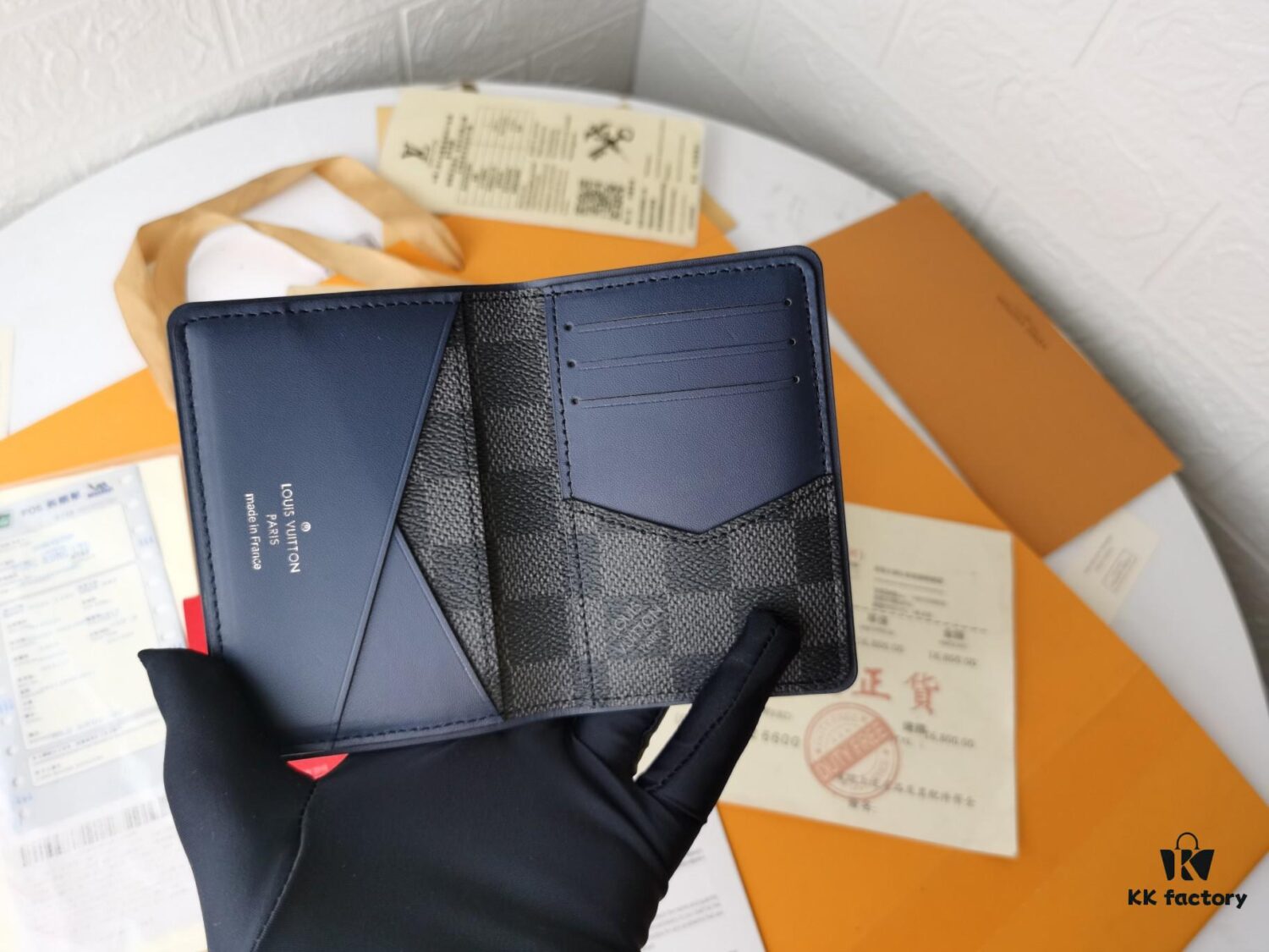 Top-Grade Original 💎 [Real Photo, Personal Background] N63144 Black Grid with Deep Blue, LV Stripe Patterned Epi Leather & Damier Graphite Canvas Pocket Wallet