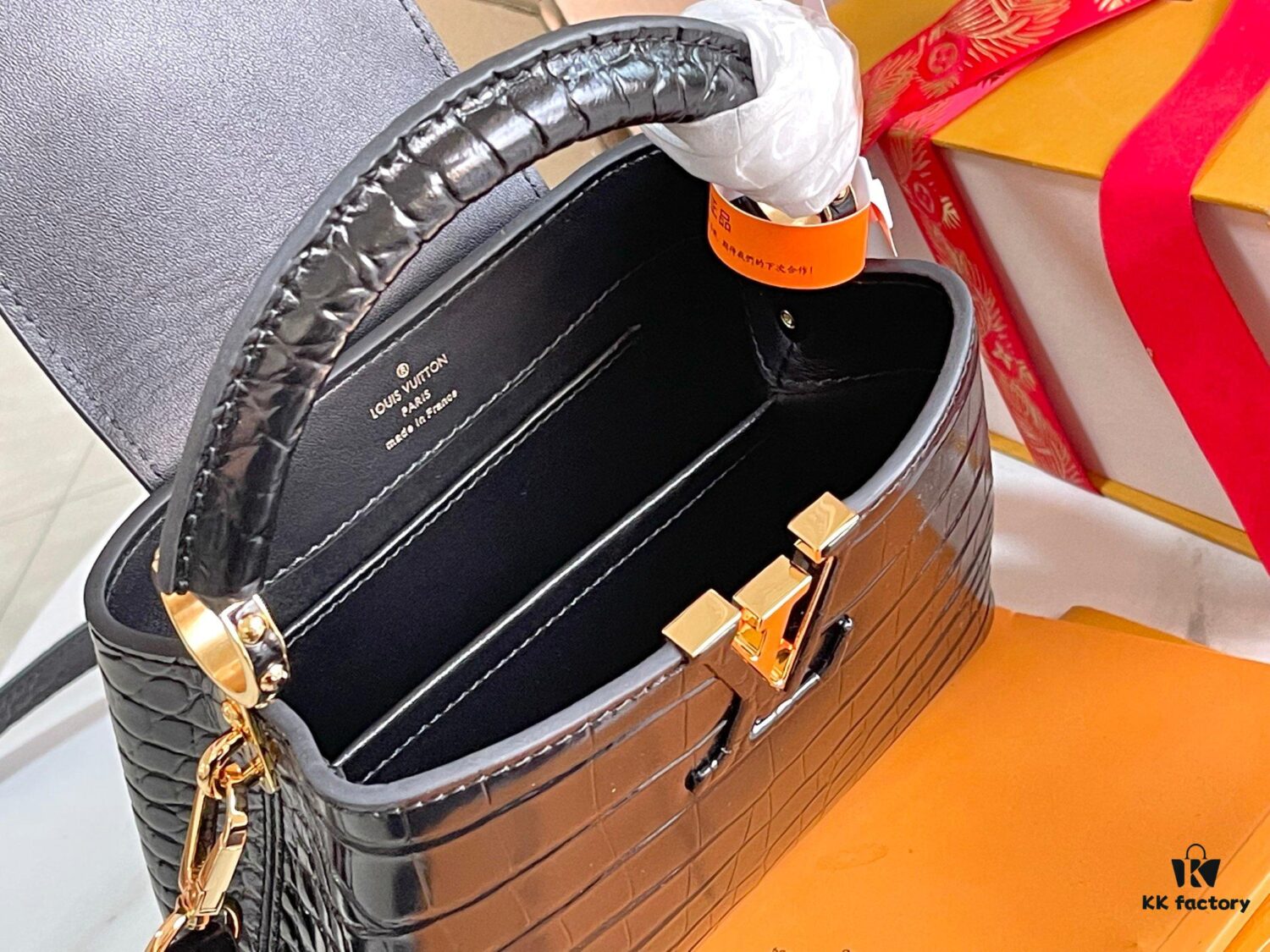 Supreme Quality Full Packaging 【Premium Original Leather M22203💋 N93429 Black Shiny Crocodile-Texture Gold Clasp】